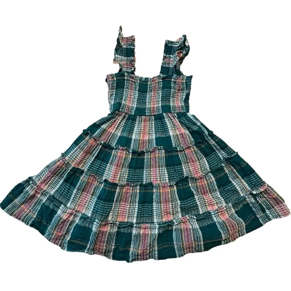 Crown & Ivy Kids Smocked Plaid Seersucker Ruffle Dress Girls Small Cotton